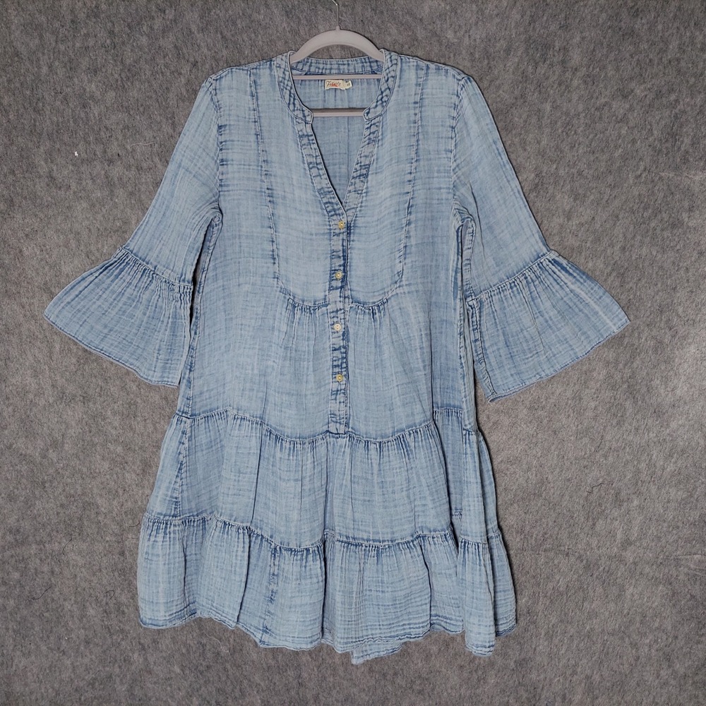 Faherty Dune Gauze Kasey Dress XS Organic Cotton Coastal Tiered Bell Sleeve Mini